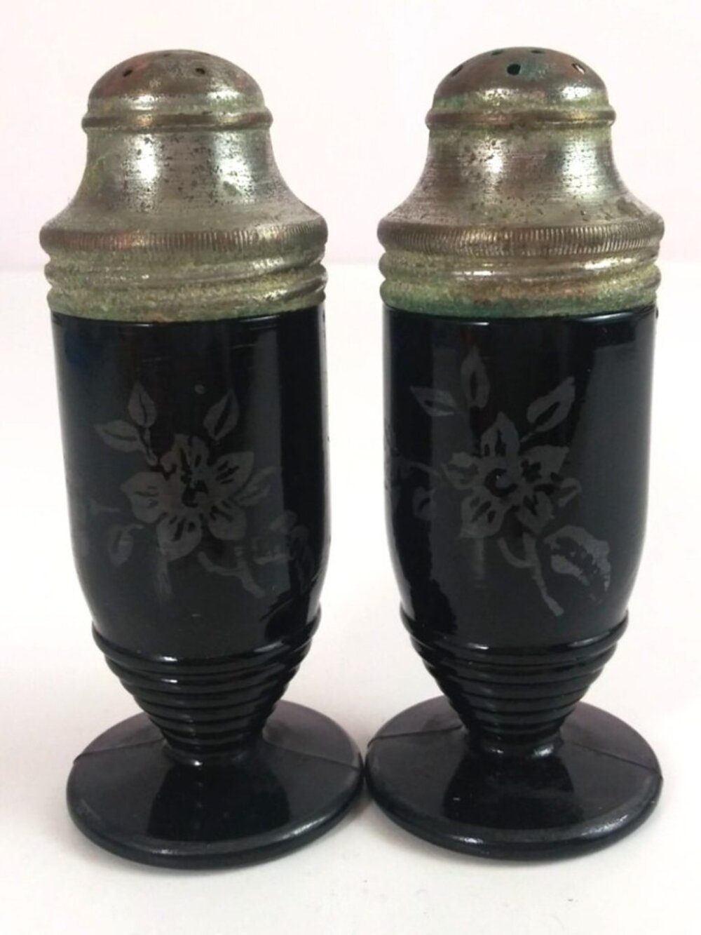 Vintage Hazel Atlas Black Floral Depression Glass Salt & Pepper Shakers
